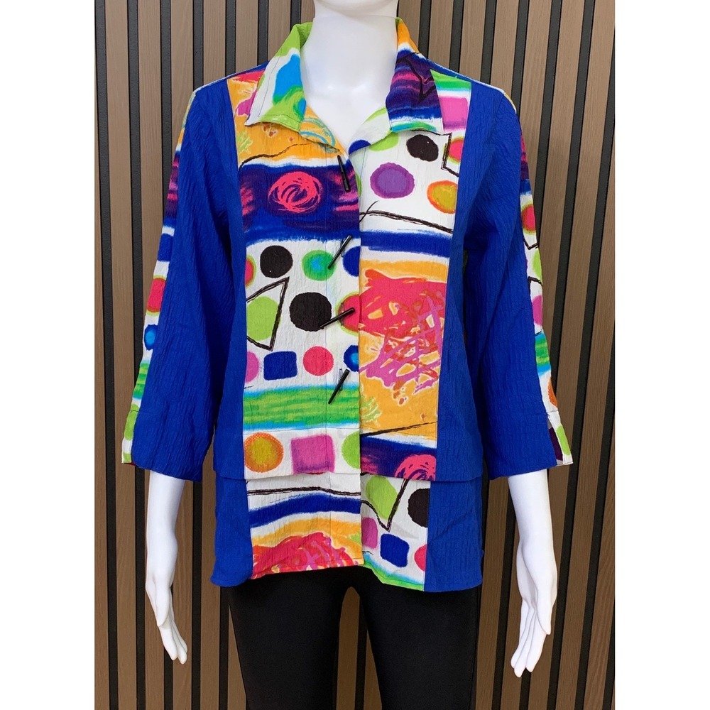 Ali Miles Women's PM Petite Abstract Geometric Lagenlook Button Blouse Blue